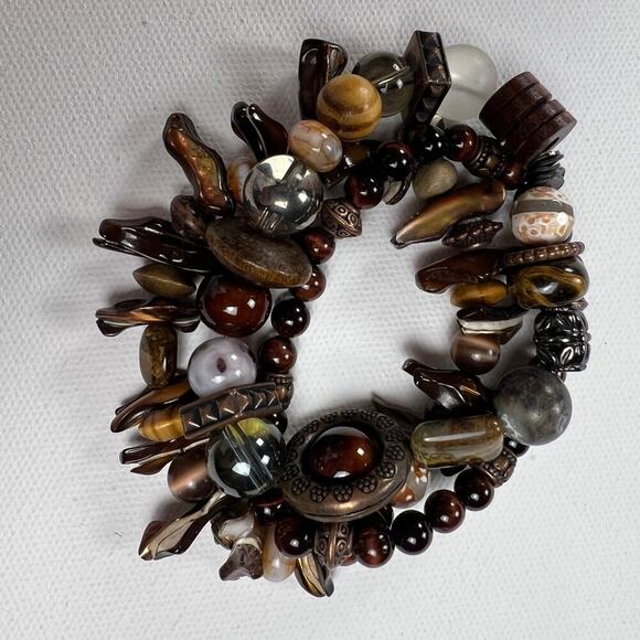 Handmade Beaded Bracelet Trio Tribal Browns Earth Tones Mixed Materials - Picture 2 of 9